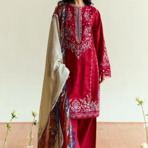 Bold Crimson Jacquard Suit with Folk Embroidery and Ivory Silk Dupatta