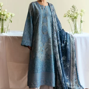 Elegant Slate Grey Printed Lawn Suit with Navy Silk Dupatta