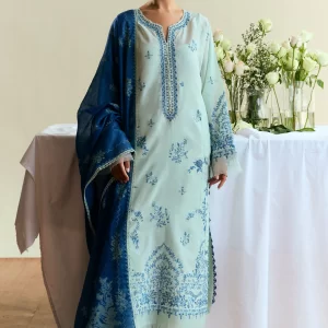 Fresh Aqua Embroidered Lawn Suit with Navy Cotton Silk Dupatta