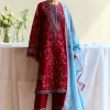 Maroon Red Embroidered Lawn Suit with Sky Blue Accents