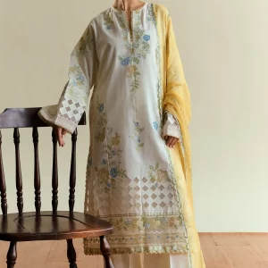 Romantic Pearl White Jacquard Suit with Powder Blue and Yellow Florals
