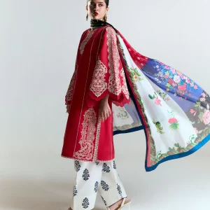 Striking Red Embroidered Cotton Suit with Printed Silk Dupatta