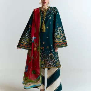 Elegant Teal Embroidered Cotton Suit with Floral Silk Dupatta