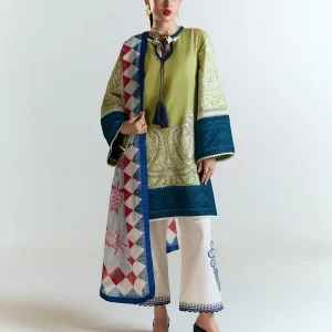 Light Green Embroidered Cotton Suit with Geometric Silk Dupatta