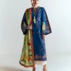 Deep Blue Embroidered Cotton Suit with Floral Silk Dupatta