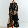 Striking Black Embroidered Cotton Ensemble with Silk Dupatta