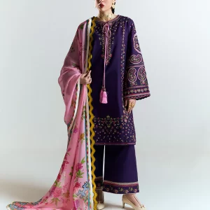 Royal Purple Embroidered Cotton Suit with Floral Silk Dupatta