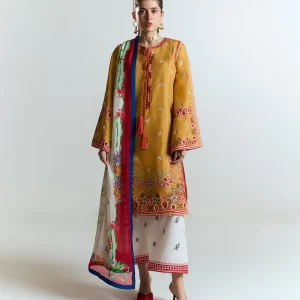 Vibrant Mustard Embroidered Cotton Suit with Botanical Silk Dupatta