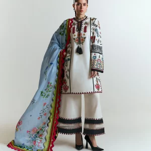Elegant White Embroidered Cotton Suit with Floral Silk Dupatta