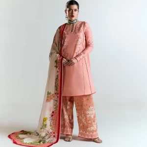 Delicate Light Pink Embroidered Cotton Suit with Floral Silk Dupatta