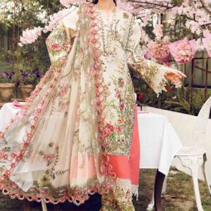 Printed Lawn Suit with Embroidered Organza and 3D Flower Details