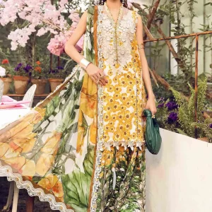 White & Yellow Printed Lawn Suit with Embroidered Details