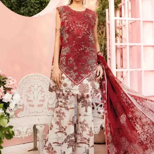 Vibrant Red Embroidered Lawn Suit with Printed Details