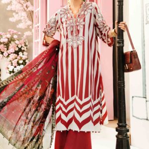 Elegant White & Maroon Printed Lawn Suit with Embroidered Accents