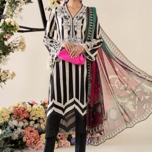Striking White & Black Printed Lawn Suit with Embroidered Details