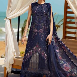 Elegant Navy Embroidered Lawn Suit with Silk Dupatta