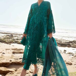 Elegant Sea Green Embroidered Organza Lawn Suit with 3D Flowers and Silk Burnout Dupatta