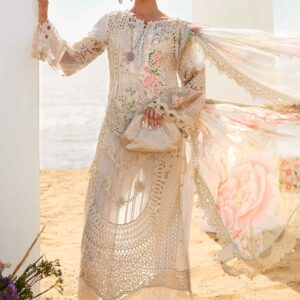 Exquisite Off-White Embroidered Lawn Suit with 3D Flowers and Printed Chiffon Dupatta