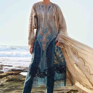 Elegant Coffee & Teal Embroidered Lawn Suit with 3D Flowers and Chiffon Dupatta