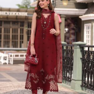 Luxurious Mulberry Red Embroidered Lawn Suit with Chiffon Dupatta