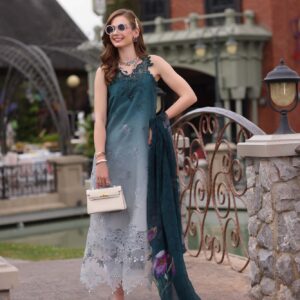 Striking Teal Ombre Embroidered Lawn Suit with Chiffon Dupatta