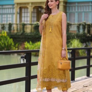 Joyful Mustard Yellow Printed Lawn Suit with Embroidered Details and Chiffon Dupatta