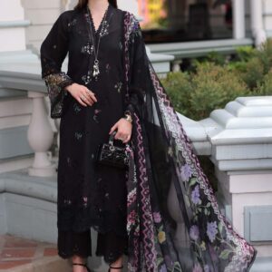 Sophisticated Black Embroidered Lawn Suit with Digital Prints and Chiffon Dupatta