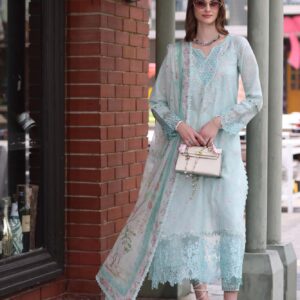Tranquil Aqua Marine Printed Lawn Suit with Embroidered Details and Chiffon Dupatta