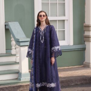 Elegant Navy Blue Embroidered Lawn Suit with Printed Chiffon Dupatta