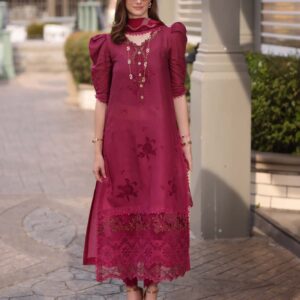 Bold Fuchsia Ombre Embroidered Lawn Suit with Color-Blocked Chiffon Dupatta