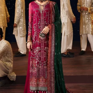 Nureh Jhoomro Luxury Embroidered Chiffon Unstitched 3 Piece Suit - NL-82 Syera - Pink - Formals Collection