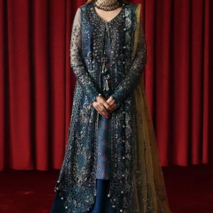 Nureh Jhoomro Luxury Embroidered Net Unstitched 3 Piece Suit - NL-84 Resham - Blue - Formals Collection