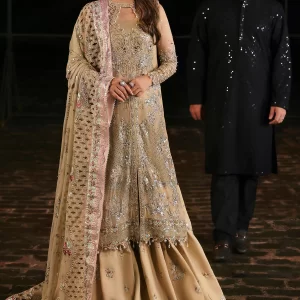 Nureh Jhoomro Luxury Embroidered Chiffon Unstitched 3 Piece Suit - NL-85 Raina - Beige - Formals Collection