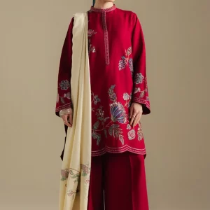 Coco by Zara Shahjahan Unstitched Winter Khaddar Embroidered Suits with Shawl - Berry-3B