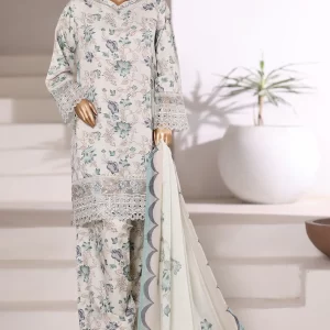 Viscose linen - Stitched Embroidered 3piece with Farshi shalwar - White