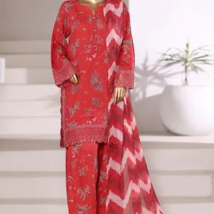 Viscose linen - Stitched Embroidered 3piece with Farshi shalwar - Red