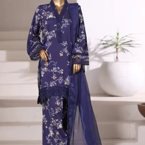 Viscose linen - Stitched Embroidered 3piece with Farshi shalwar - Blue